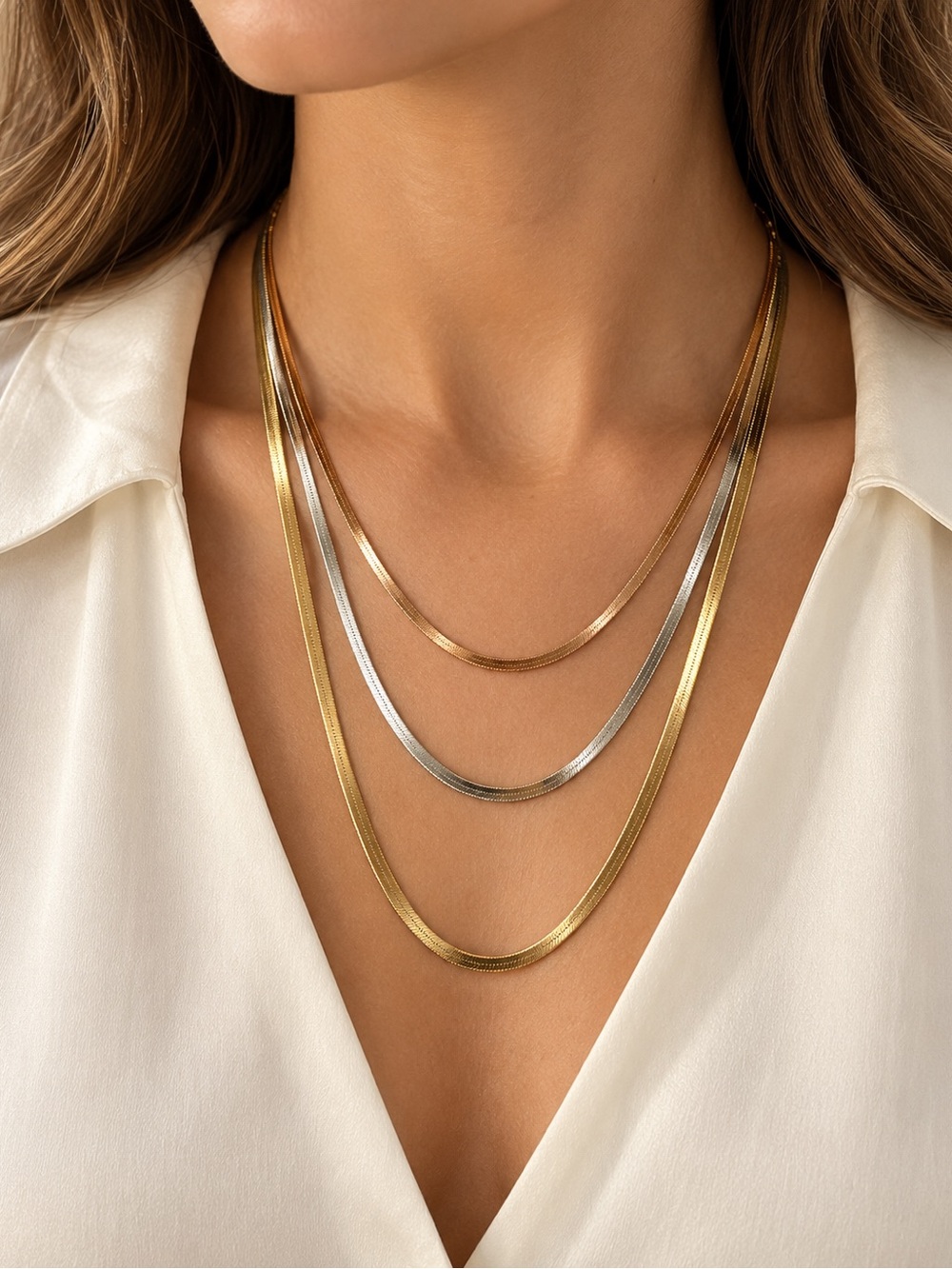 Triple Layer Herringbone Necklace Gold Silver Rose Gold Mixed Metal